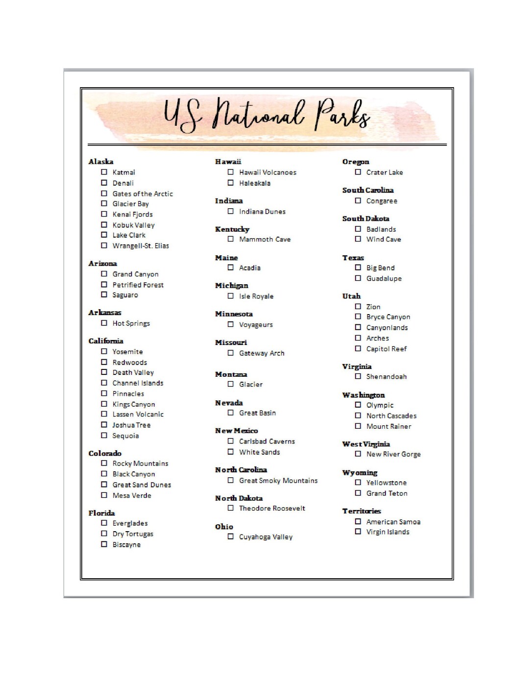 Us National Park Checklist Printable Family Travel Goals Ets
