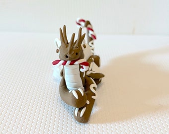 Custom Made Polymer Clay Dragon Sculpture! Mythical Creatures, Dragons, Gift, Candy Cane, Chibi Miniature. Gingerbread Christmas Holiday