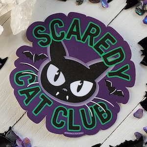 Scaredy Cat Club Vinyl Sticker | Waterproof Black Cat Laptop Decal | Spooky Season Kitty Gang
