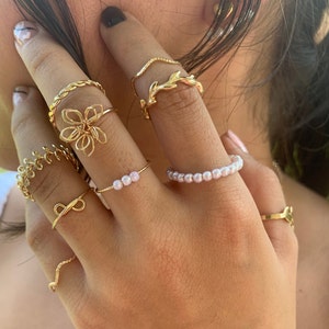 10pcs pearl and flower stackable rings set | gold and white ring set, layered rings aesthetic, boho, pearl rings, flower rings, leaf rings