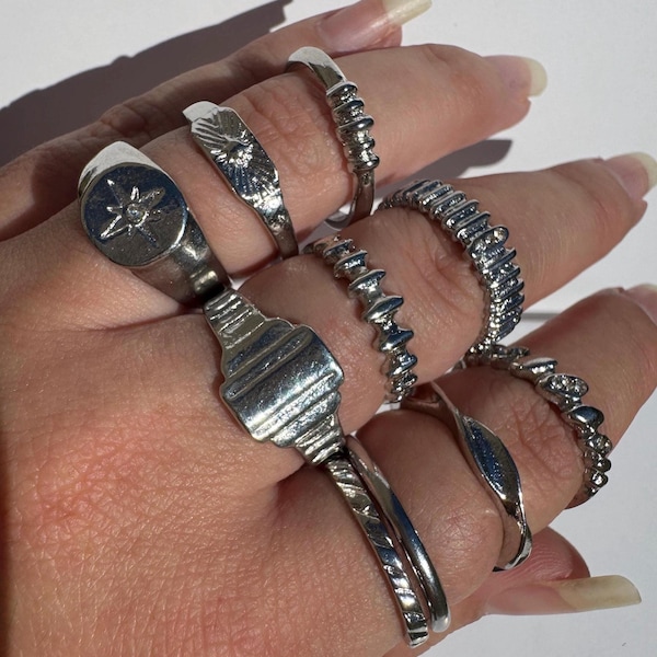 10pcs stackable rings set | star rings, gemstone and rhinestone rings, signet rings, silver, gold, layered rings aesthetic, crystal, band