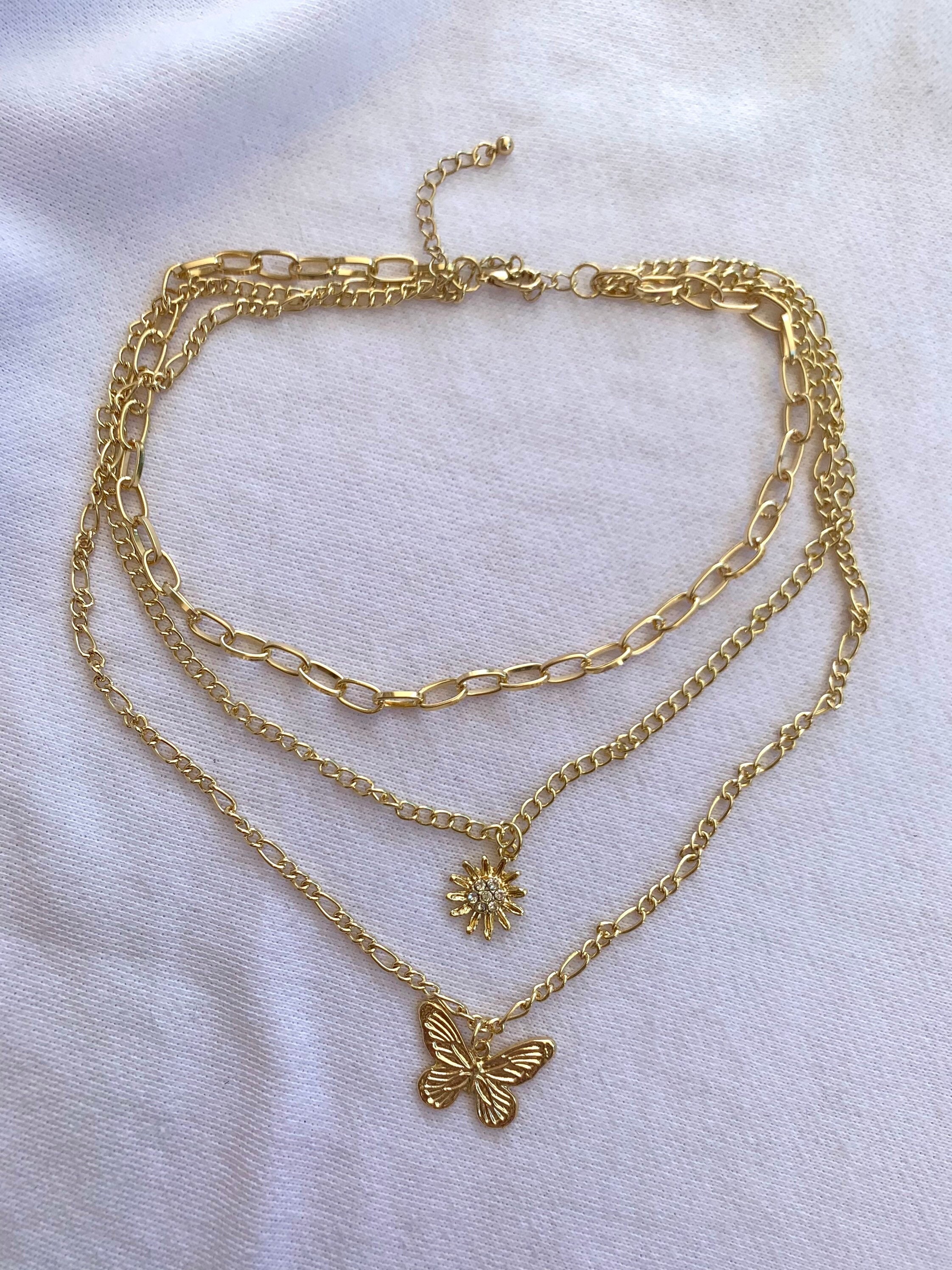 Butterfly 3 Layer Choker Necklace Set - Gold Crystal Rhinestone Pendant Jewelry For Women