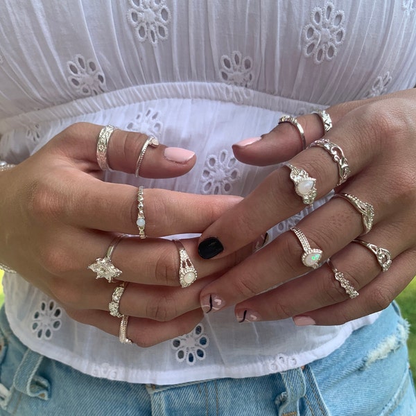 15pcs stackable rings set | gemstone and rhinestone rings, boho, moon and sun rings, silver, gold, layered rings aesthetic, crystal, midi