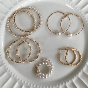Pearl design and gold hoop earrings | Pearl design hoops, pearl hoop earrings, hoop earrings, gold hoops, hoop earrings set, pearl jewelry