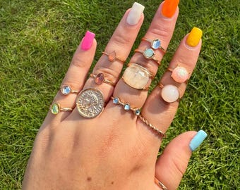 13pcs stackable rings set | gemstone and rhinestone rings, boho, crystal and coin rings, gold, layered rings aesthetic, statement, midi ring