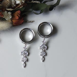 Dainty silver crystal dangle gauges dangle plugs Bridal holiday special occasion