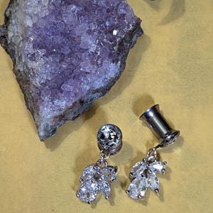 May include: Two silver ear gauges with dangling crystal charms. The charms are shaped like leaves and have a cluster of clear crystals.