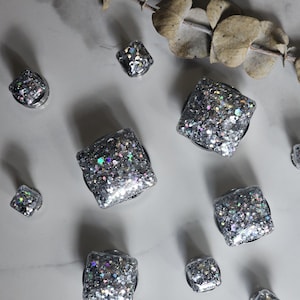 May include: A collection of silver glitter plugs in various sizes. The plugs are square-shaped and covered in sparkling silver glitter. A sprig of dried eucalyptus leaves is in the background, adding a natural element to the composition.