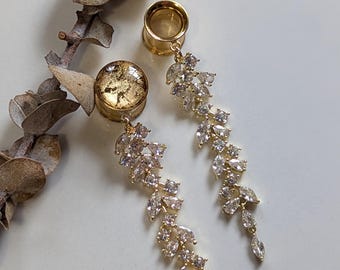 Beautiful GOLD crystal dangle gauges dangle plugs Bridal holiday special occasion