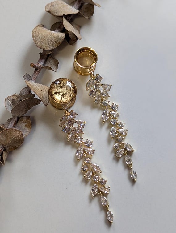 Beautiful GOLD crystal dangle gauges dangle plugs Bridal holiday special occasion