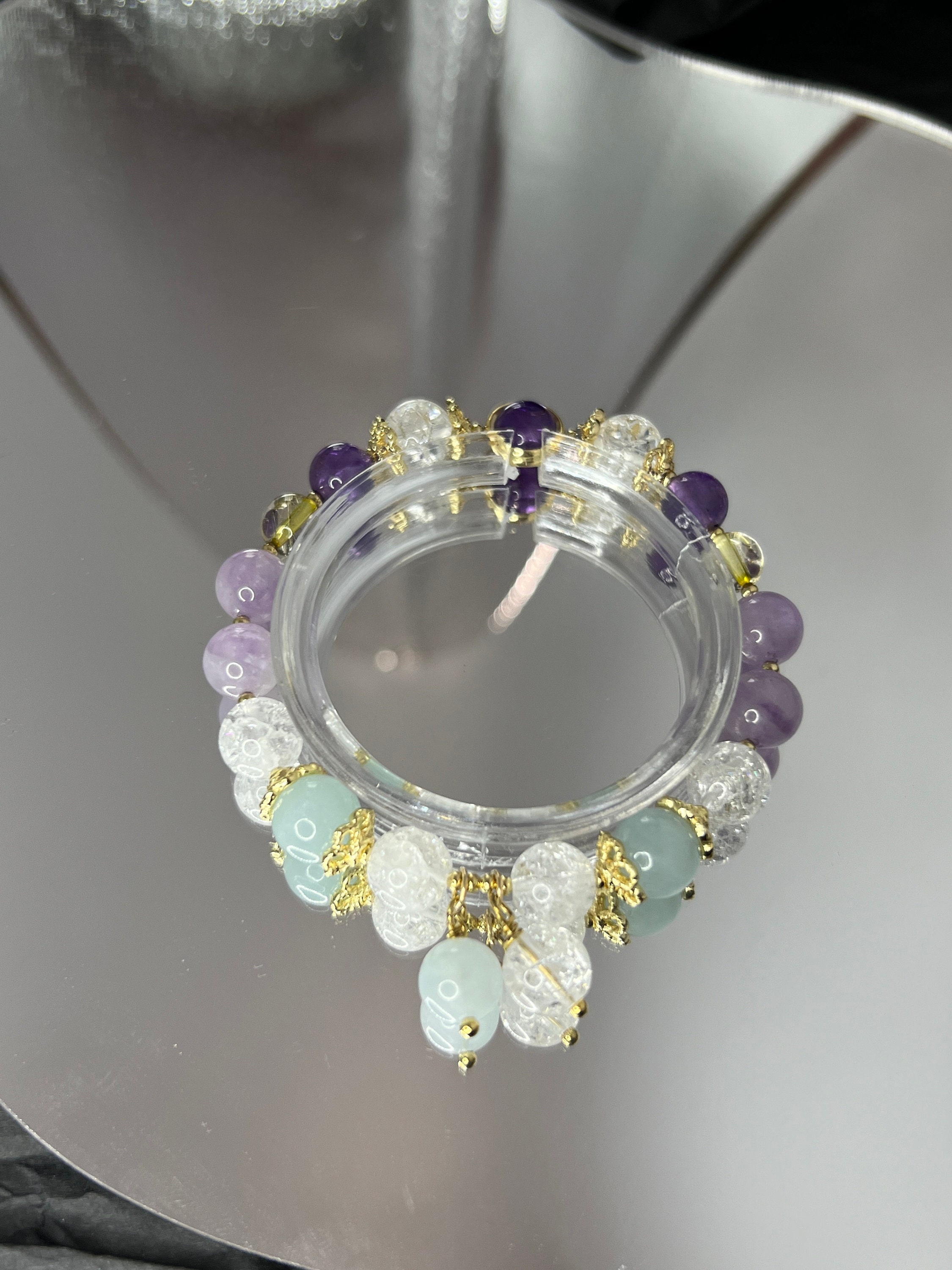 Set Di 2 Bracciali In Pietre Naturali: Ametista E Acquamarina - Cristalli 5-8 Mm, Gioielli Energetici Per Donna