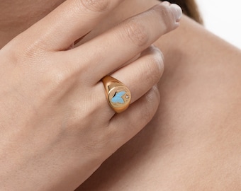 Butterfly and Moon Golden Ring | Stainless Steel Plated with 18K Gold | Blue Color Print with Cubic Zircon Stone.