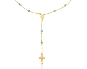 Collar de rosario dorado / Medallón de cruz con cuentas azules /