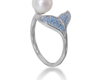 Mermaid Pearl Blue Zircon Sterling Silver Adjustable Ring Handmade Ocean Jewelry Gift Her