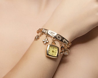 Wrist Watch Bracelet For Women / Love Engraved Bracelet Charm Gold Plated / Handmade Adjustable Stainless Steel Jewelry Gift