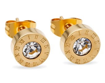 Gold Roman Numeral Zircon Stud Earrings