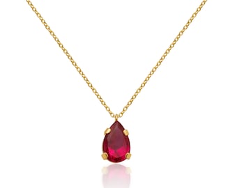 Gold Plated Stainless Steel Pear Pendant Necklace, Ruby Red Gemstone