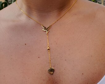 Gold Y Lariat Necklace with Dove and Heart Pendants