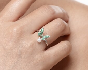 Handmade 925 Sterling Silver Butterfly Ring, Green Zircon White Pearl, Ladies Statement Jewelry Gift