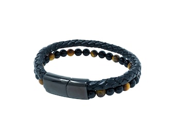 Tigers Eye Bracelet Men | Healing Lava Stone Beads Leather Bracelet For Women | Beaded Stretch Wristband | Boho Protection Jewelry Gift