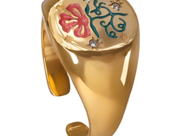 Signet Floral Gipsy Ring | Stainless-Steel 12K Gold plated | Engraved with Rhinestones