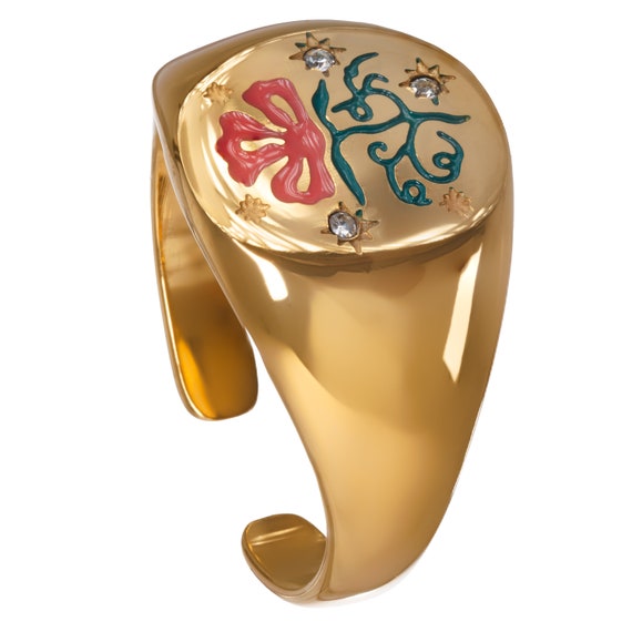 Signet Floral Gipsy Ring | Stainless-Steel 12K Gold plated | Engraved with Rhinestones