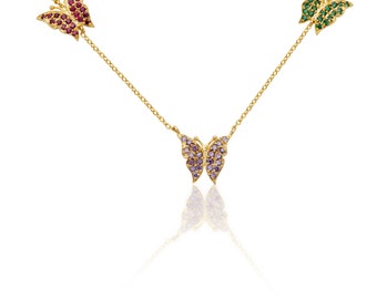 Three Butterflies with Gemstones in Gold Princess Necklace.