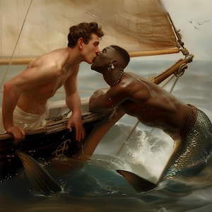 Il marinaio e la sirena 11x14, stampa artistica 16x20, tritone, sirena, sirena, belle arti, pittura a olio, pittura digitale, arte queer, gay, mitico