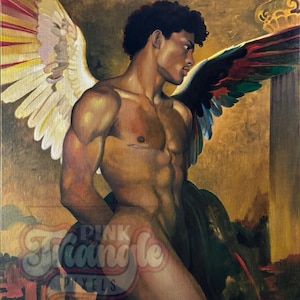May include: An oil painting depicting a dark-skinned figure with curly hair and large wings, one white and one dark with red and green accents. The figure stands in profile against a golden-brown background with a watermark reading PINK TRIANGLE PIXELS.