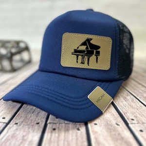 Pianist Custom Hat – Trucker Style, Engraved Leather Patch & Metal Cap Clip With Personalized Name | Piano Design #1