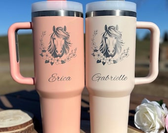 Floral Horse 40oz Engraved Tumbler – Stainless Steel, Horse Design #7
