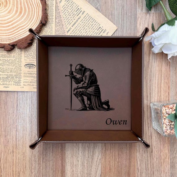 Knight Leather Valet Tray – Engraved Soft Touch Catch-All With Personalized Name | Design #103