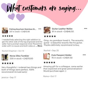 May include: A collage of customer reviews for various products, including a fishing keychain, a leather wallet, a tumbler, and a passport holder. Each review includes a star rating, a brief description, and the customer's name and date of purchase.