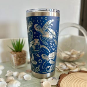 Sea Turtle 360 Engraved Tumbler, 20oz Full Wrap Ocean Gift, Custom Insulated Stainless Steel Travel Mug, Personalized Laser Etched Drinkware