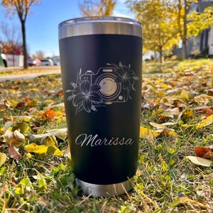Camera and Flowers 20oz Engraved Tumbler – Design #58