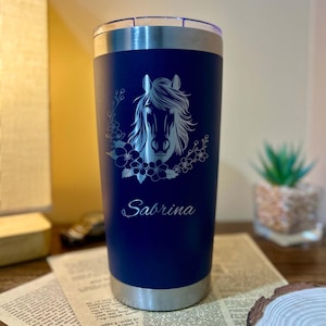 Floral Horse 20oz Engraved Tumbler – Stainless Steel, Horse Design #7