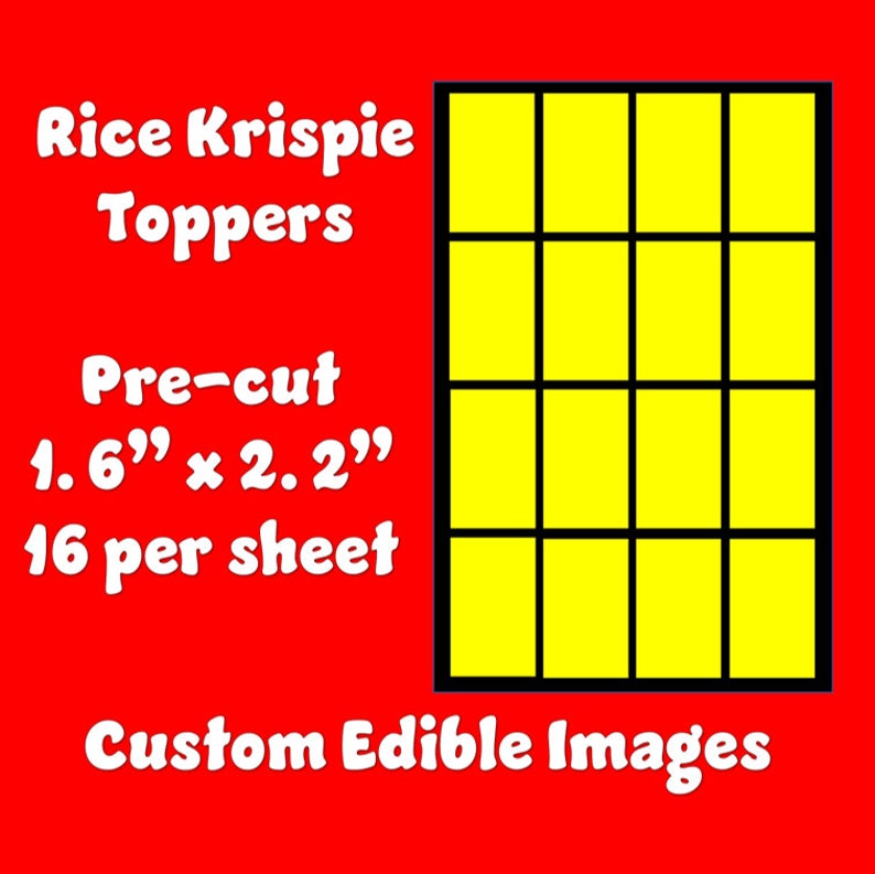 May include: A sheet of 16 pre-cut edible Rice Krispie Toppers, each measuring 1.6 inches by 2.2 inches. The toppers are yellow and are arranged in a grid pattern. Custom Edible Images.
