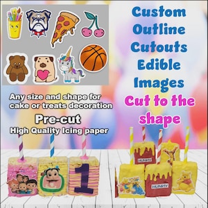 Custom Outline Cutout Edible Image Toppers. Pre-cut Contour Edible Images