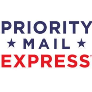 May include: A blue and red logo with the text "PRIORITY MAIL EXPRESS" in white. The word "EXPRESS" is in red and the rest of the text is in blue. There are two white stars on either side of the word "MAIL".
