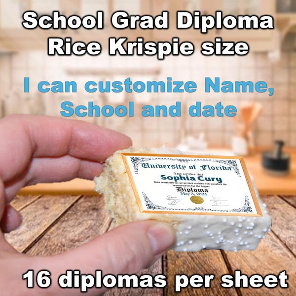Adornos comestibles con imagen de diploma de graduación para Rice Krispies. Pegatinas comestibles precortadas.