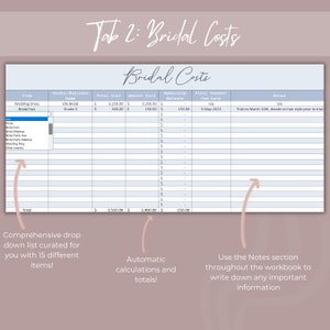 Może przedstawiać: Niebiesko-biała tabela z siatką i tekstem "Tab 2: Bridal Costs" i "Bridal Costs". Tabela zawiera kolumny dla pozycji, dostawcy/firmy, całkowitego kosztu, kwoty zapłaconej, pozostałego salda, daty ostatecznego terminu płatności i notatek. Tabela służy do śledzenia wydatk&oacute;w na ślub.