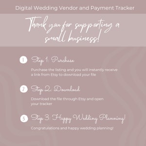 Może przedstawiać: Grafika w kolorze r&oacute;żowym i białym z tekstem "Digital Wedding Vendor and Payment Tracker" i "Thank you for supporting a small business!" Grafika zawiera r&oacute;wnież trzy kroki dotyczące zakupu i pobrania cyfrowego śledzenia dostawc&oacute;w i płatności ślubnych: 1. Zakup, 2. Pobierz i 3. Szczęśliwego planowania ślubu!