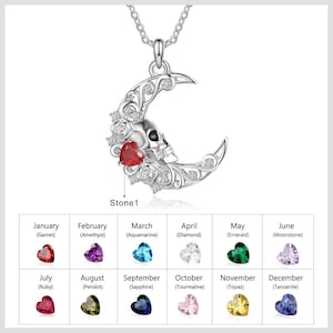 Best Selling-Crescent Moon Skull Necklace W/ Birthstone -Gift for her, Surprise her, Best Unique Gift, Personalized Gift for her with Pouch