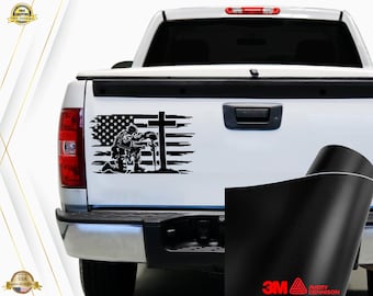 US Soldier Kneeling Praying at Memorial Cross with Distressed Flag Sticker Decal | Military Soldier Praying Stick | Soldier Kneeling Praying