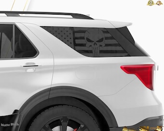 Rear Window Decal for Ford Explorer 2020–2025 | Distressed USA Flag with Skull | Matte Black Vinyl