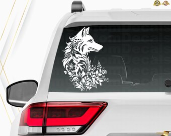Guardians of Nature: Floral Wolf Car Sticker - Embrace Wild Beauty