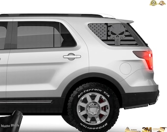 Rear Window Decal for Ford Explorer 2011–2019 | Precut Distressed USA Flag with Skull | Matte Black Tactical Vinyl Sticker