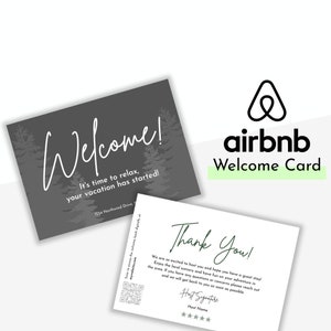 Cartão de boas-vindas do Airbnb | Modelo de cartão de agradecimento ao anfitrião para impressão | Modelo de aluguel de floresta do Airbnb Canva | Cartão para impressão (QR opcional do site)