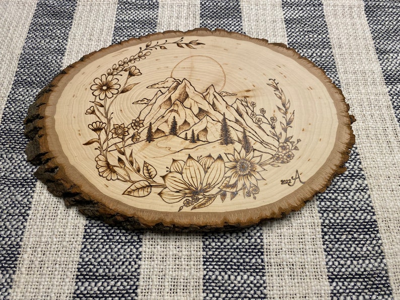 Pyrography Mountain Sunrise With Flowers Etsy