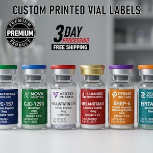 Pode incluir: Rótulos de frascos impressos personalizados com o texto "Premium Product" e "3 Day Processing". São exibidos seis frascos de vidro com tampas e rótulos coloridos. Os rótulos incluem nomes de produtos, dosagens e datas de validade.